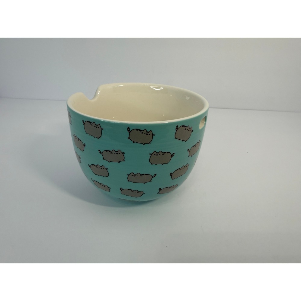 Pusheen by Our Name is Mud Teal Ceramic Yarn Bowl Cat Print Knitting Crochet
